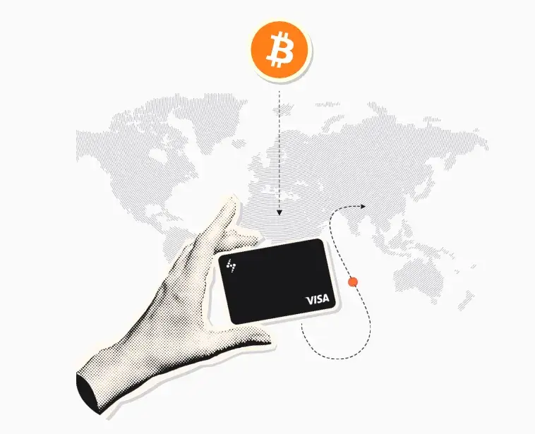 Hand hält eine Visa-Karte, darüber ein Bitcoin-Symbol und eine Weltkarte – Bitcoin im Alltag ausgeben Hand hält eine Visa-Karte, darüber ein Bitcoin-Symbol und eine Weltkarte – Bitcoin im Alltag ausgeben