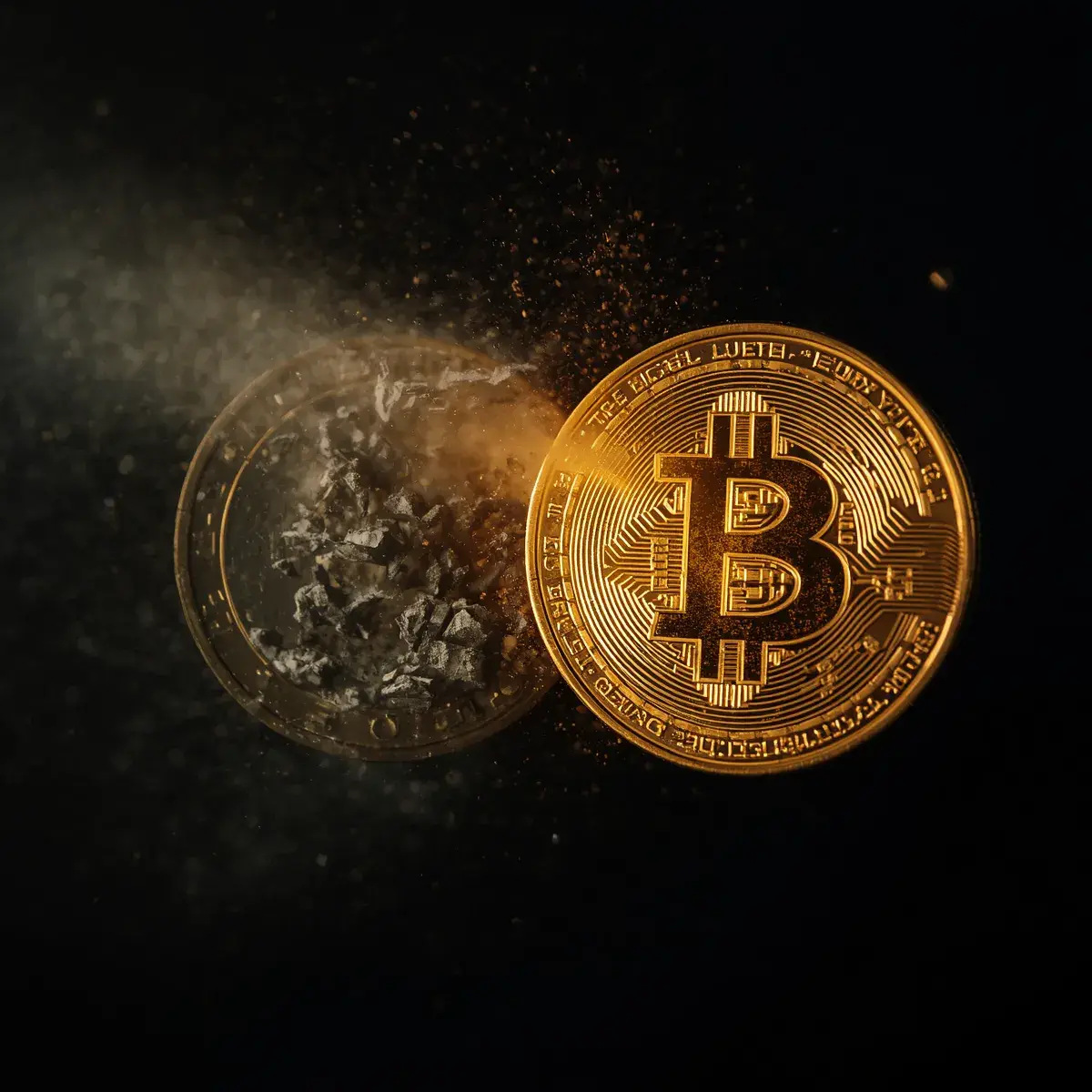 Eine zerfallende Euro-Münze neben einer intakten Bitcoin-Münze als Sinnbild für verspielte Beitragsgelder und hartes Geld Eine zerfallende Euro-Münze neben einer intakten Bitcoin-Münze als Sinnbild für verspielte Beitragsgelder und hartes Geld