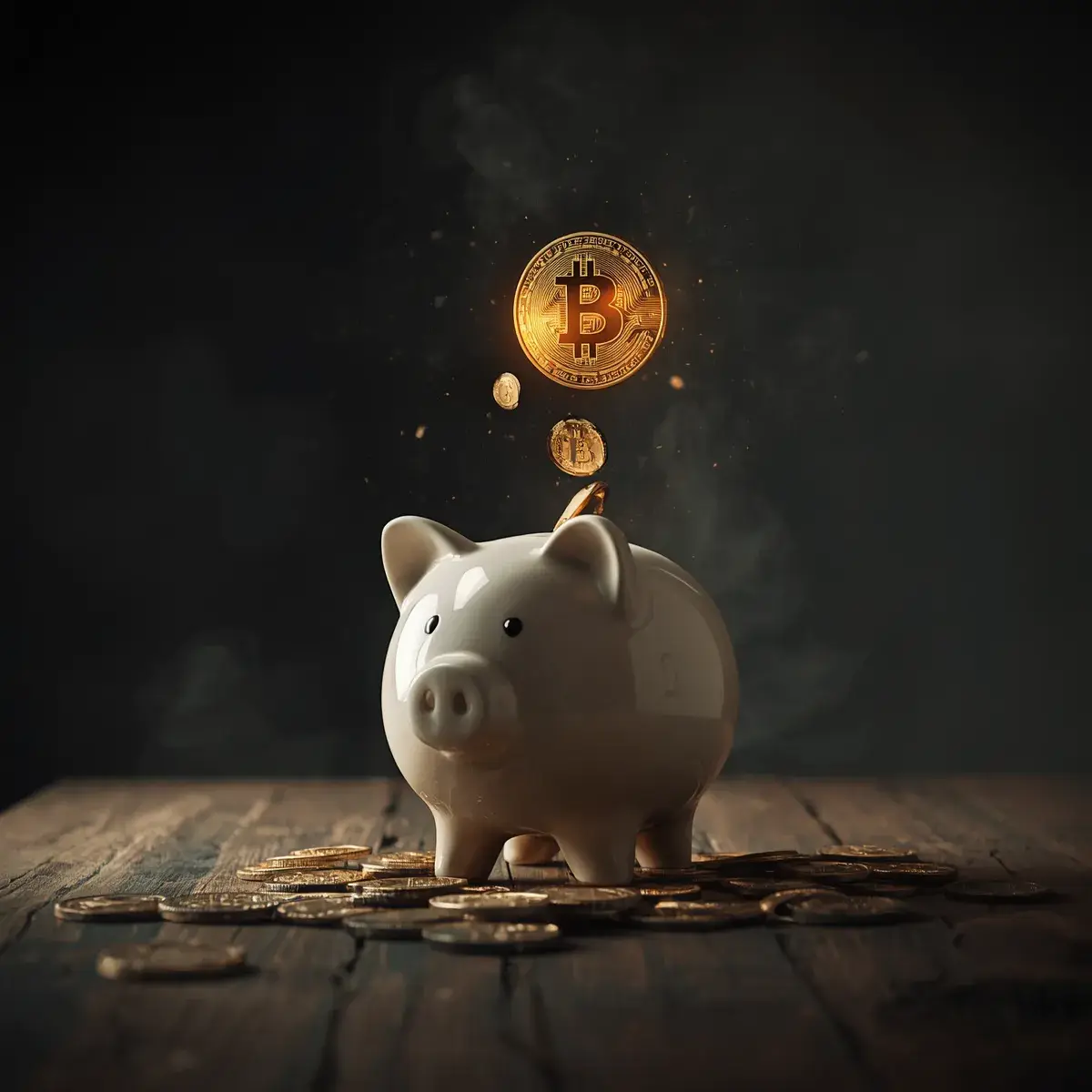 Bitcoin-Münzen fallen in ein klassisches Sparschwein als Sinnbild für Omas Spartricks Bitcoin-Münzen fallen in ein klassisches Sparschwein als Sinnbild für Omas Spartricks