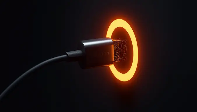 Ein USB-Stecker mit Datenblocker, umgeben von einem leuchtenden Ring, der den Stromfluss zulässt und die Datenverbindung stoppt – Sinnbild für sicheres Laden ohne Datenaustausch