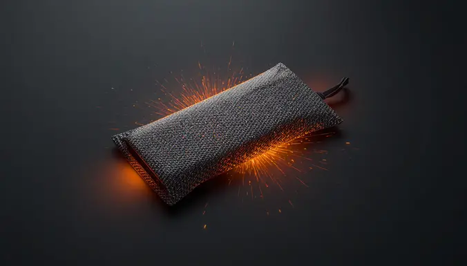 Eine Faraday-Tasche aus metallisch gewebtem Stoff, aus der Funken und Signalwellen an der Oberfläche verglühen – Sinnbild für die vollständige Abschirmung von Funksignalen