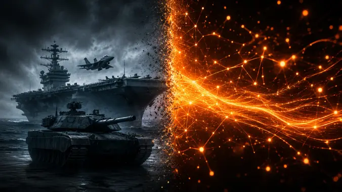Ein Panzer und ein Flugzeugträger auf der einen Seite, ein leuchtendes Netz aus Energie und Rechenknoten auf der anderen – Sinnbild für Proof of Force gegen Proof of Work