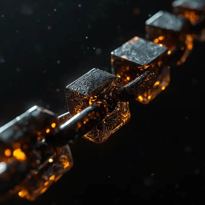 Glühende, verkettete Blöcke mit Schaltkreismuster als Sinnbild für die Blockchain-Technologie