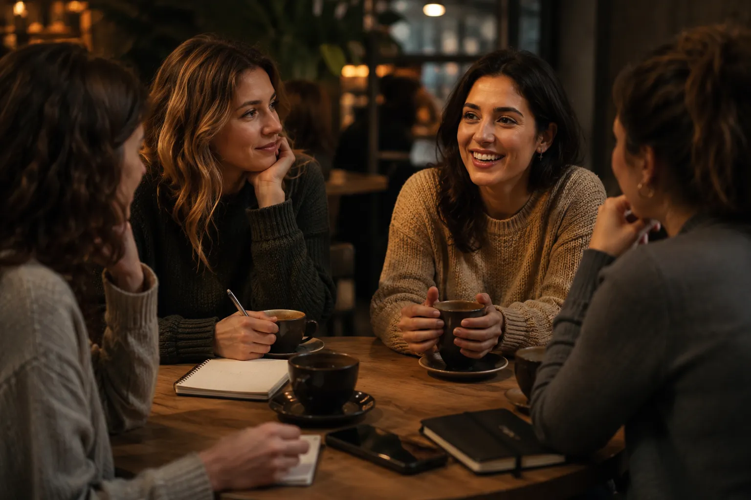Kleine Gruppe Frauen im Gespräch über Bitcoin an einem Café-Tisch