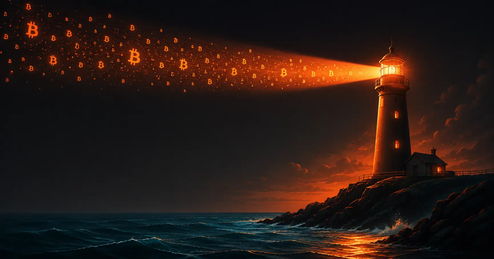Leuchtturm, dessen Lichtstrahl aus Bitcoin-Symbolen besteht – Bitcoin-Leitfaden für Einsteiger