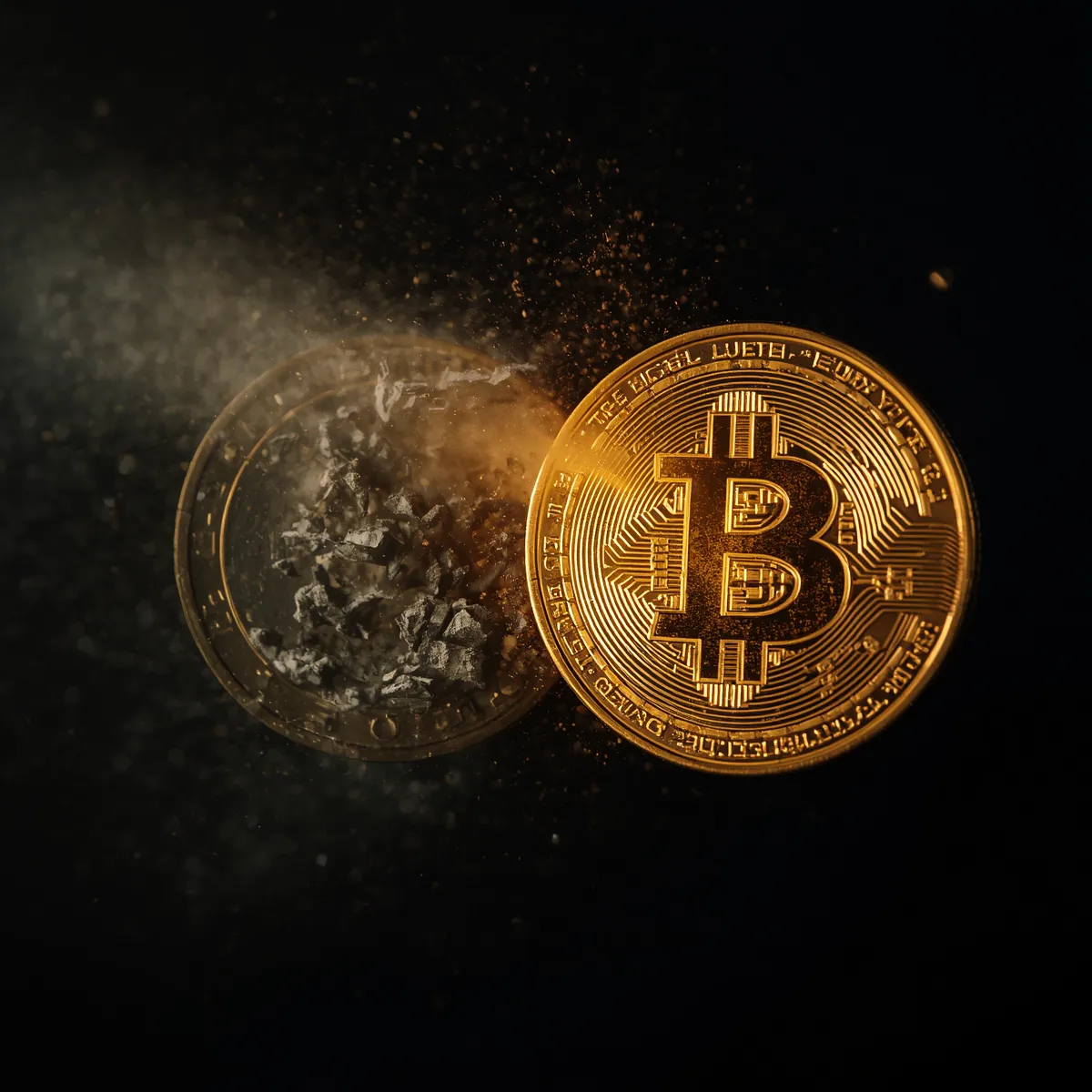 Eine zerfallende Euro-Münze neben einer intakten Bitcoin-Münze als Sinnbild für verspielte Beitragsgelder und hartes Geld