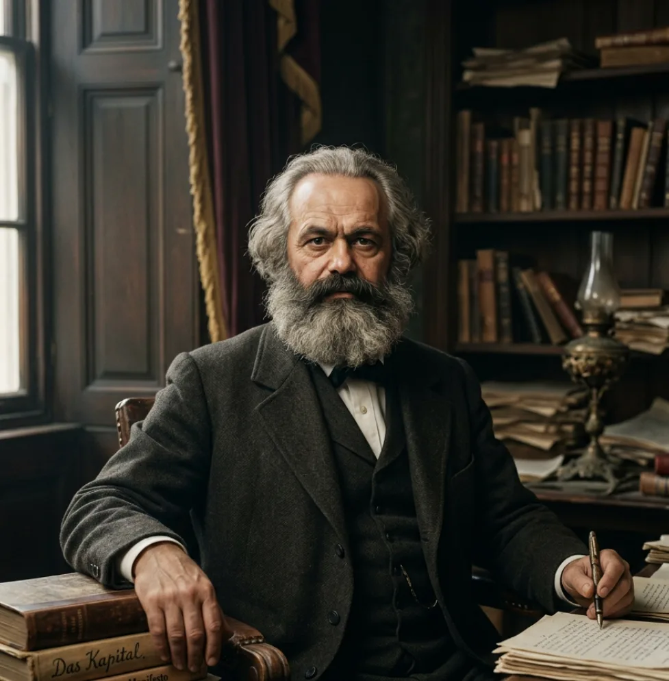 Karl Marx am Schreibtisch mit „Das Kapital“ – Illustration zur Kritik an seiner Arbeitswerttheorie
