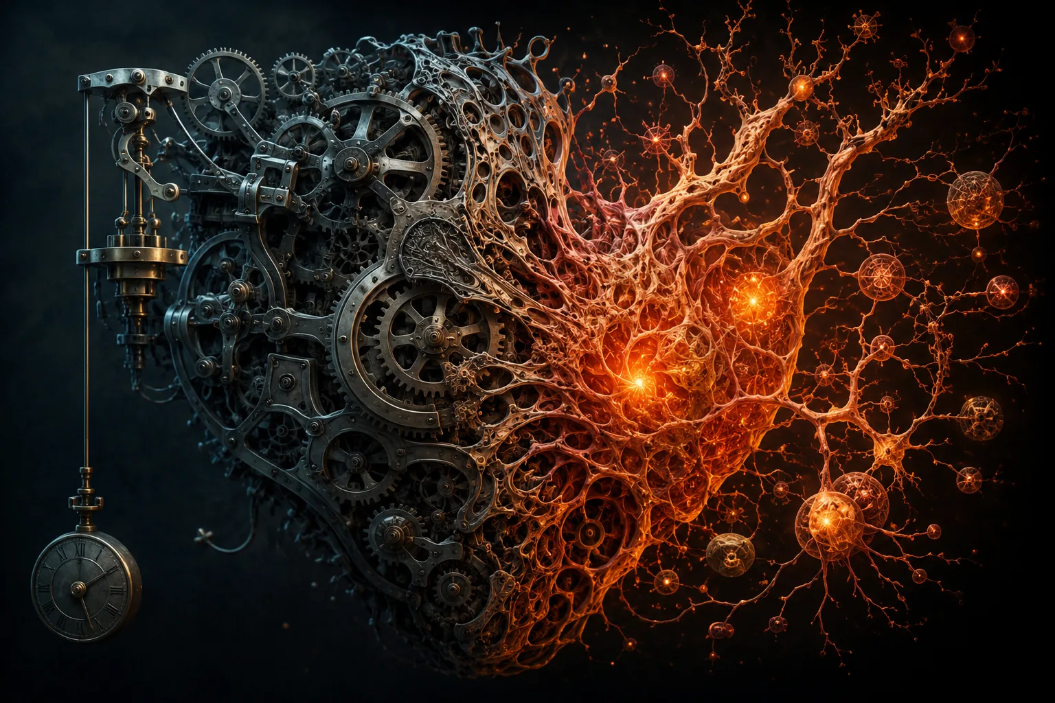 Ein mechanisches Uhrwerk aus Zahnrädern geht in ein leuchtendes, organisches Nervengeflecht über – Sinnbild für den Wandel vom Maschinendenken zum lebendigen System